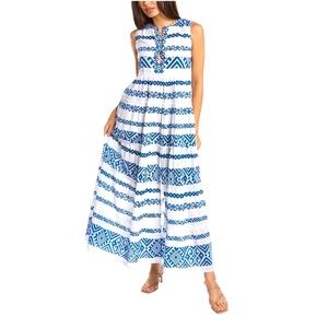 BINDU Blue White Striped A-Line Maxi Dress XS Bohemian Rustic Sleeveless Resort